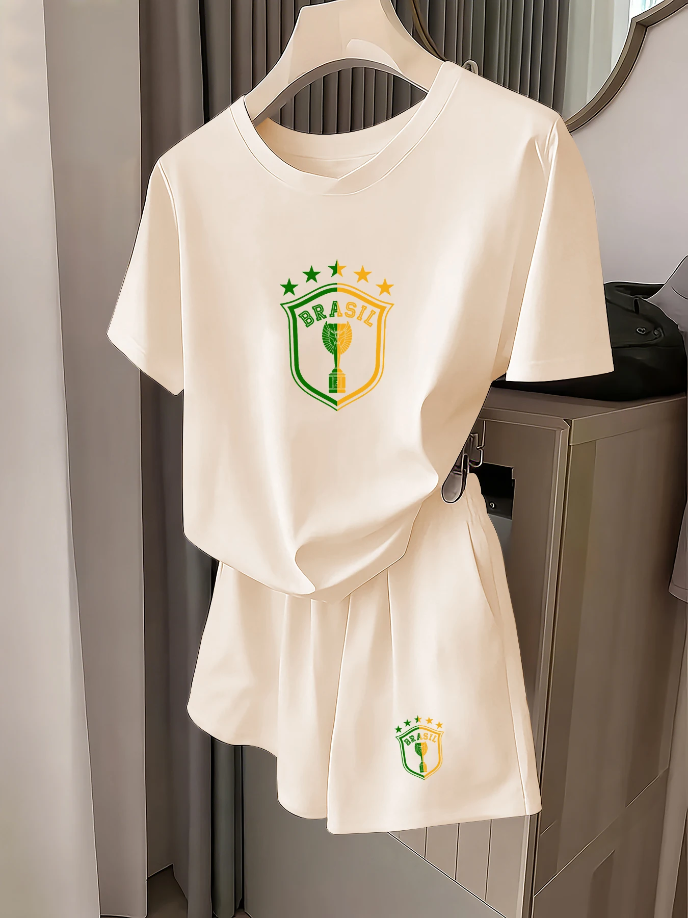 

Summer Brazilian-Themed Printed Short-Sleeved Set, Casual T-Shirt and Shorts Two-Piece Set for World Cup Fans
