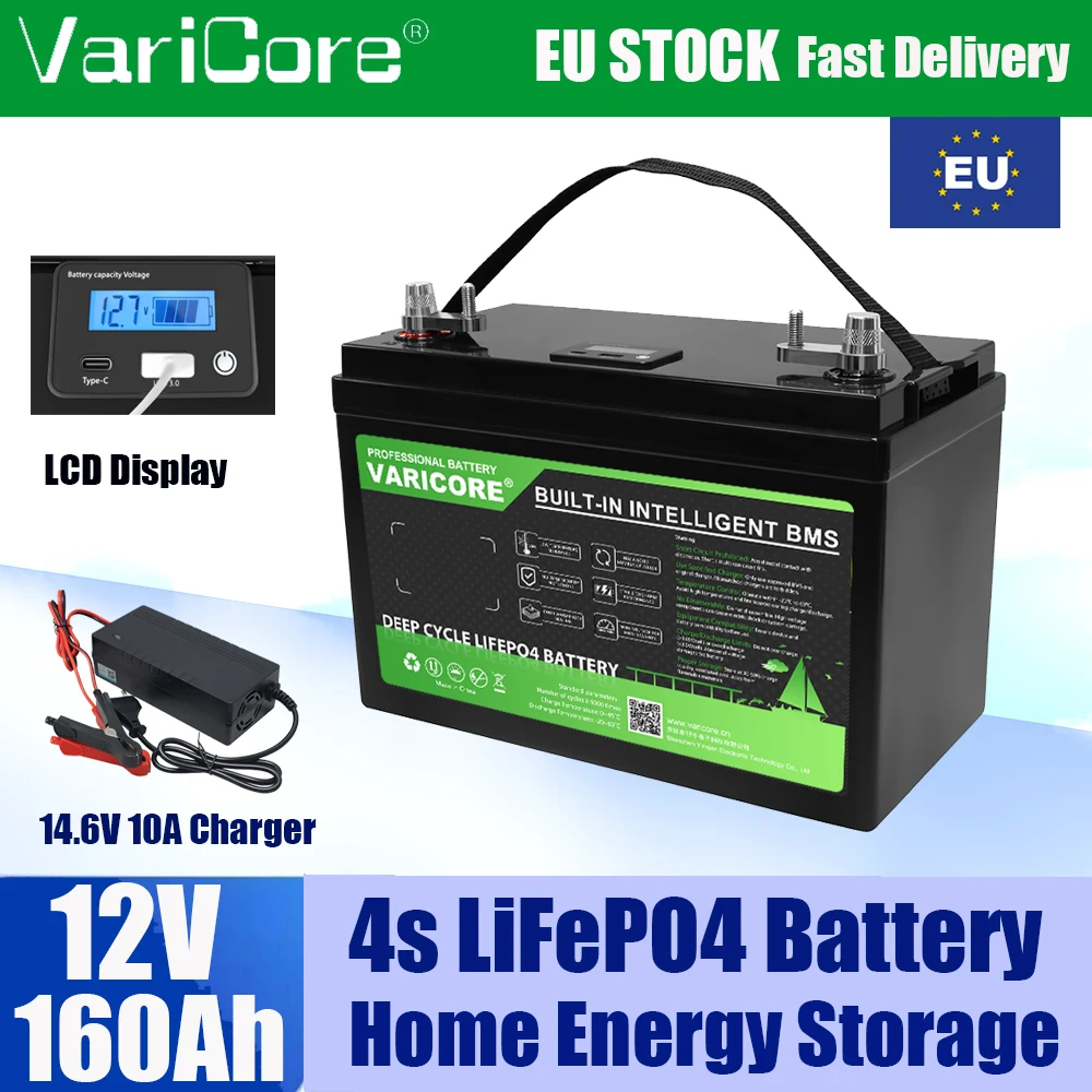 12V 12.8V 160AH LiFePO4 Battery Lithium Batteries 6000 Cycles USB3.0 Type-C output Touring car Solar Wind 14.6v Charger Tax Free