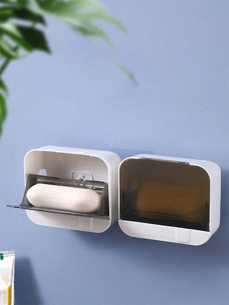 Drill-free wall-mounted soap holder with drainage function-waterproof and dust-resistant lid, suitable for soap, with large storage capacity