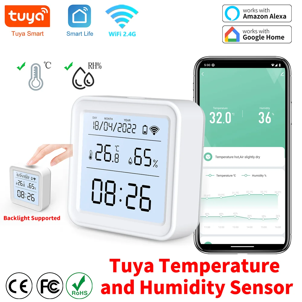 

Tuya WIFI Temperature Humidity Sensor Indoor Hygrometer Thermometer Detector Smart Life Remote Control Support Alexa Google Home