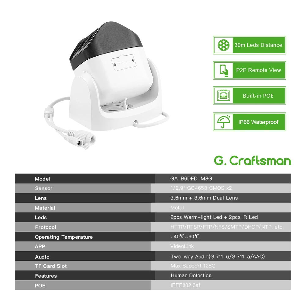 G.Craftsman 4MP + 4MP, POE, lente dupla, dome, vídeo CCTV, vigilância, segurança, sem cartão TF