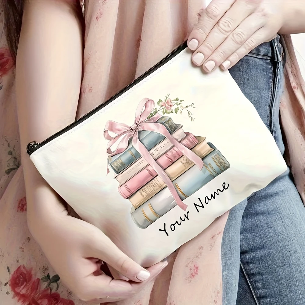 Custom Name Vintage Book Floral Bow Makeup Bag Large Foldable Washable Open Pouch Travel Party Shopping For Women