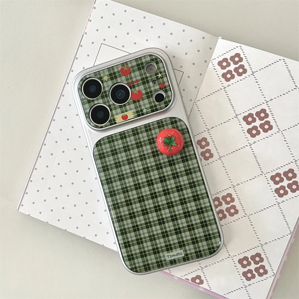 Korean Grid Plated Phone case for iPhone 17 Pro 15 14 13 16 Max 15 Pro Max Funda Cute 3D Tomato Shockproof Cover For Apple 17Max