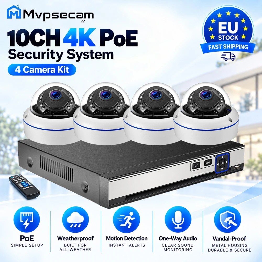 Sistema di telecamere di sicurezza NVR PoE 4K a 10 canali, kit con 2/4 telecamere da 8 MP, telecamere di sorveglianza CCTV a cupola in metallo, resistenti agli atti vandalici, con rilevamento del