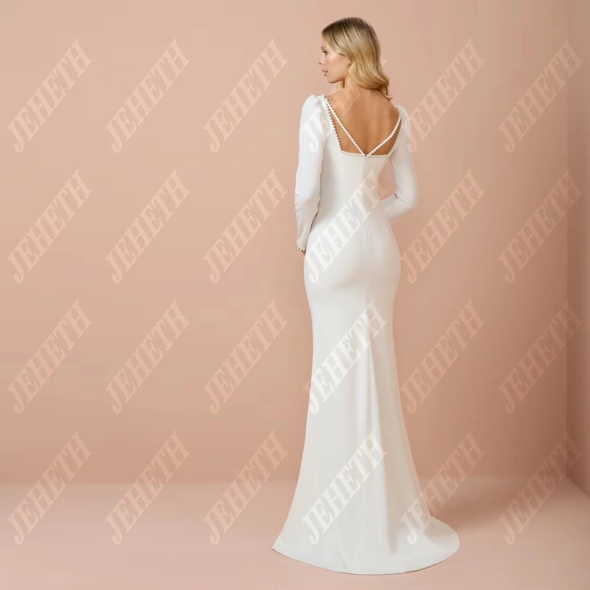 JEHETH Bescheidene Meerjungfrau Brautkleider mit quadratischem Kragen und langen Ärmeln, Prinzessin Brautkleid, rückenfreies Brautkleid, individuell gestaltet