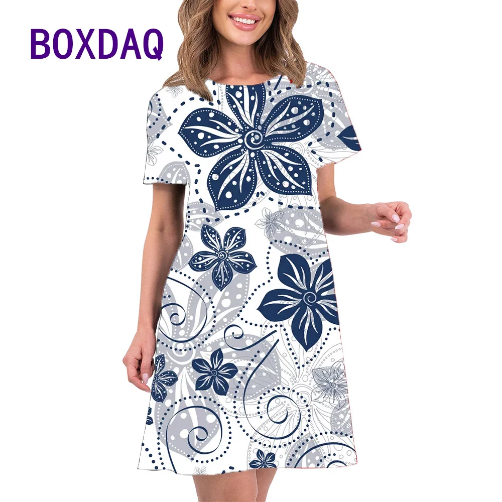 Summer Women Dress Elegant Floral Print Mini Dress Short Sleeve O-Neck Loose A-Line Dress Sweet Casual Flower Graphical Clothing