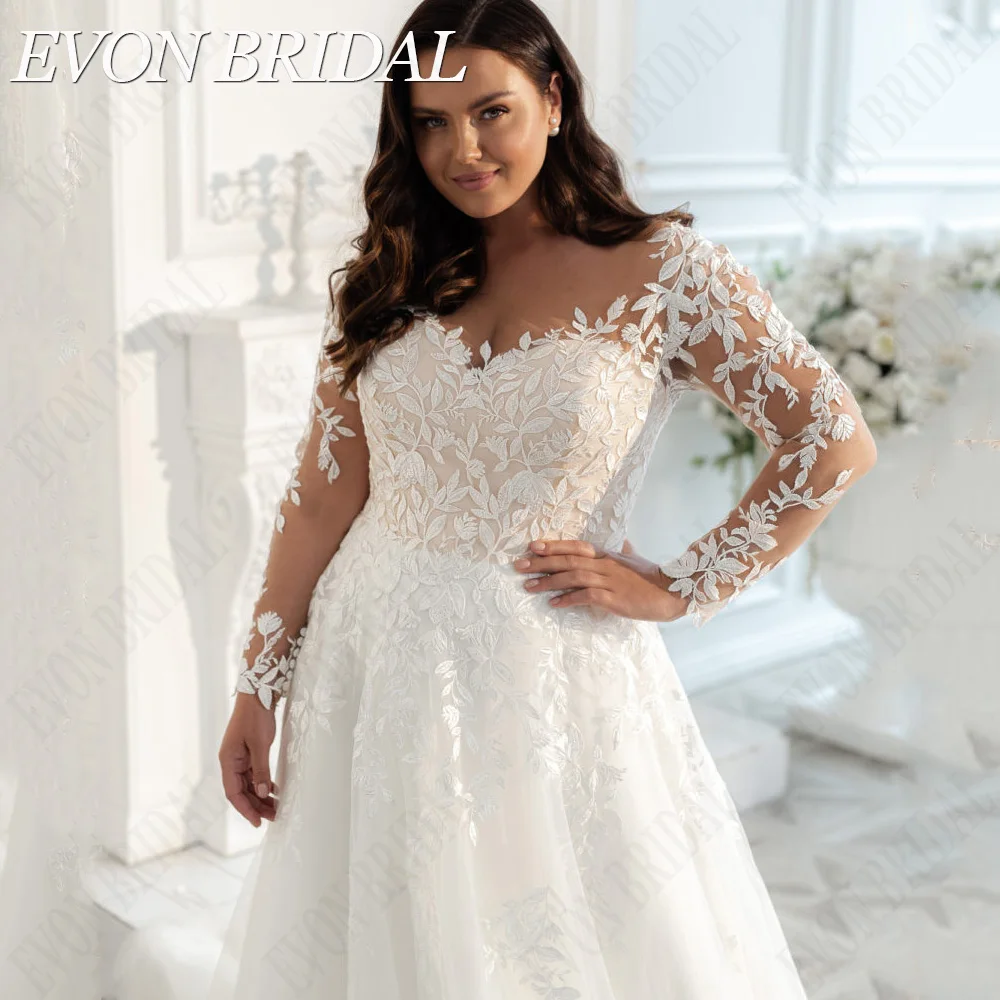 EVON BRIDAL Elegant Wedding Dress 2024 Long Sleeves Plus Size Bride Party Gowns Lace Applque A-Line Illusion robe de mariée