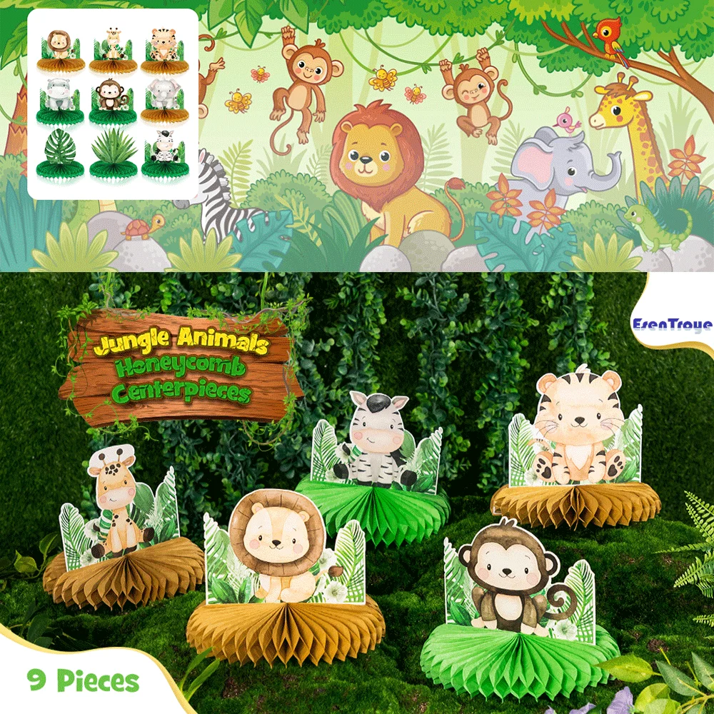 

Jungle Safari Party Honeycomb Tabletop Decorations Forest Animals Cake Topper Poster Backdrop Kids Happy Birthday Party Decor