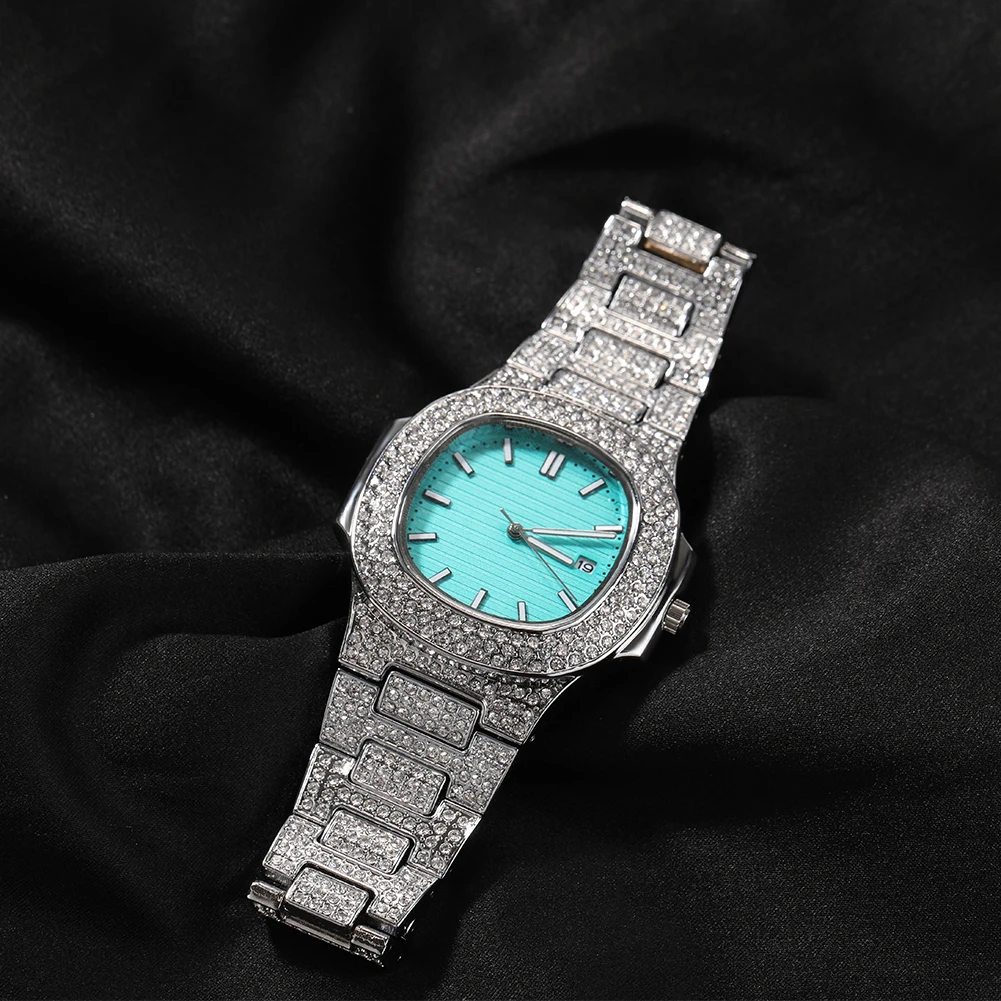 UWIN Iced Out Rhinestone Watches with Turquoise Dial Fashion Luxury Alloy Wristwatch Quartz Round Watch for Christmas Gift