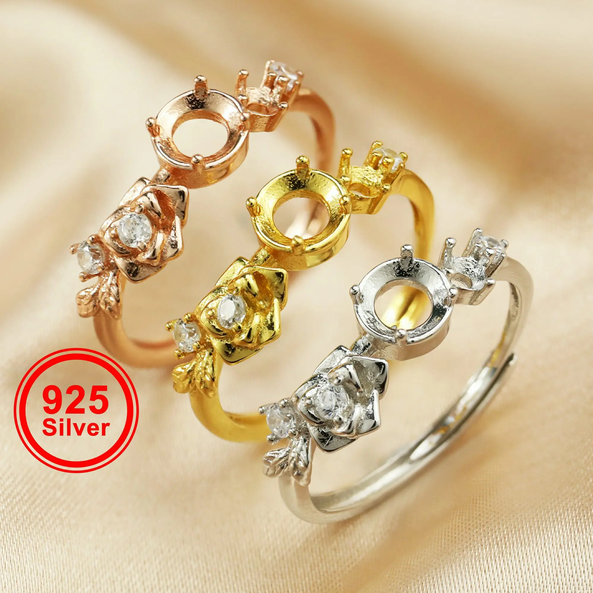 3MM/5MM Round Prong Ring Settings Rose Flower Branch Bezel Solid 925 Sterling Silver Rose Gold Plated Ring Band 1215024