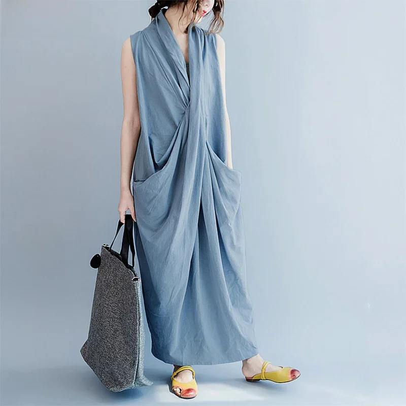 ZANZEA Oversize Asymmetrical Maxi Dress Women's Summer 2025 Holiday Sundress Female V Neck Draped Vestidos Rayon Robes Femme: ZANZEA Sukienka Maxi Oversize Asymetryczna Damska Letnia 2025 Wakacyjna Sukienka Letnia Dekolt V Dzianina Damska Sukienki Rayon Szaty Damskie — zdjęcie 2