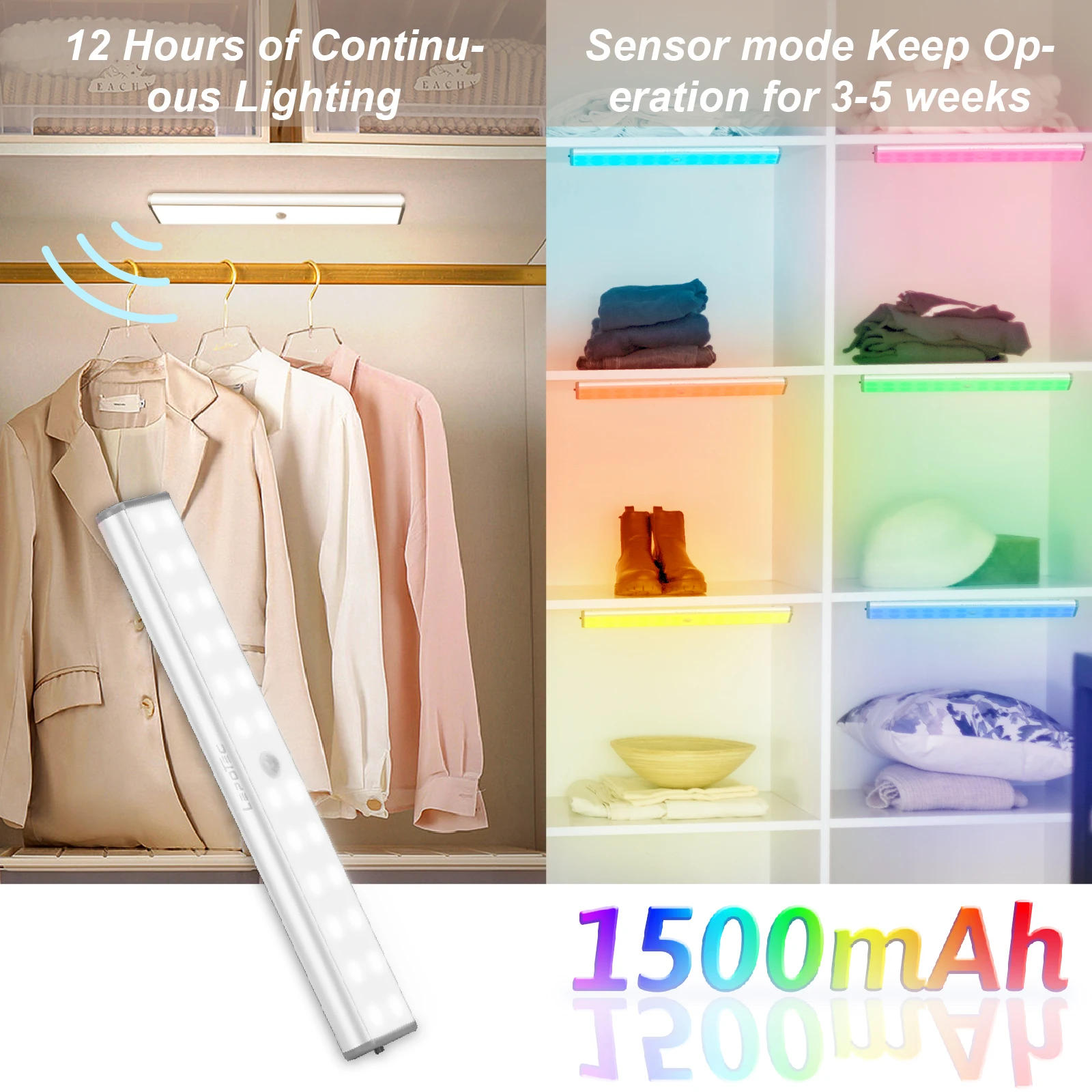 LEPOTEC 1pc 24LED RGB Wireless Rechargeable Motion Sensor Cabinet Lights,Lights for Kicthen,Bedroom,Hotel,Bar,Game room
