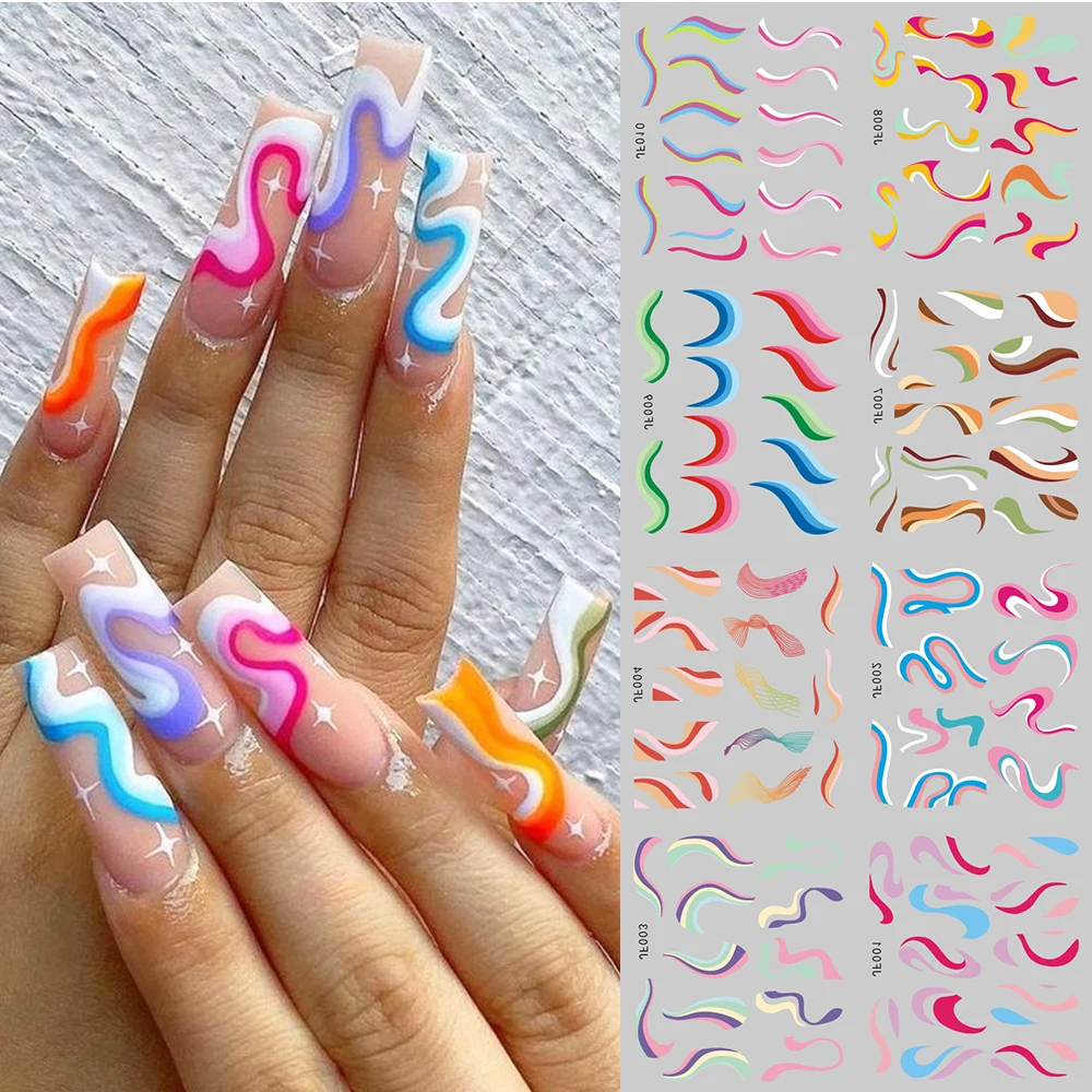 Wave Lines decalcomanie per unghie Set Swirl Nail Stickers Rainbow Water Transfer Sliders French Manicure Guide copertura completa Wraps NTJF1-12