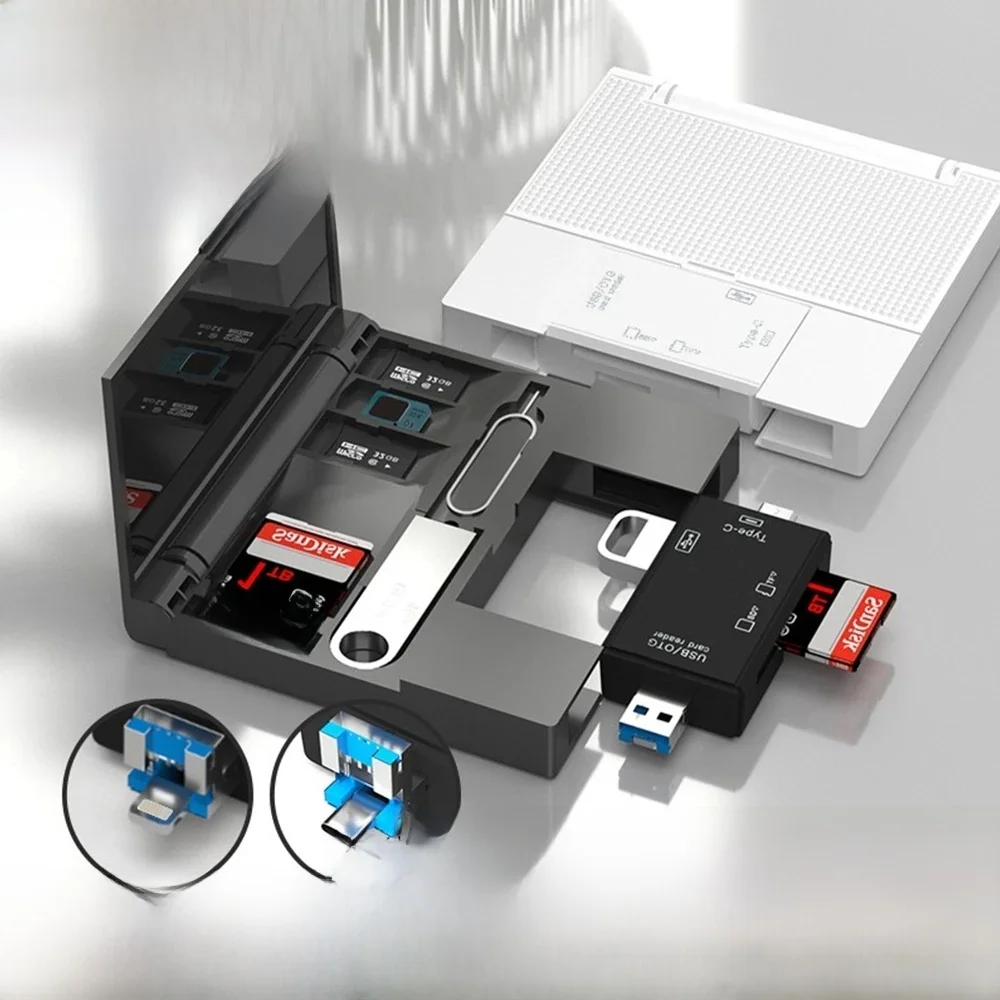 Boîte de rangement pour lecteur de carte USB2.0 7 en 1, boîtier multifonctionnel pour carte mémoire TF SD, adaptateur Micro Type C, boîte de rangement pour carte