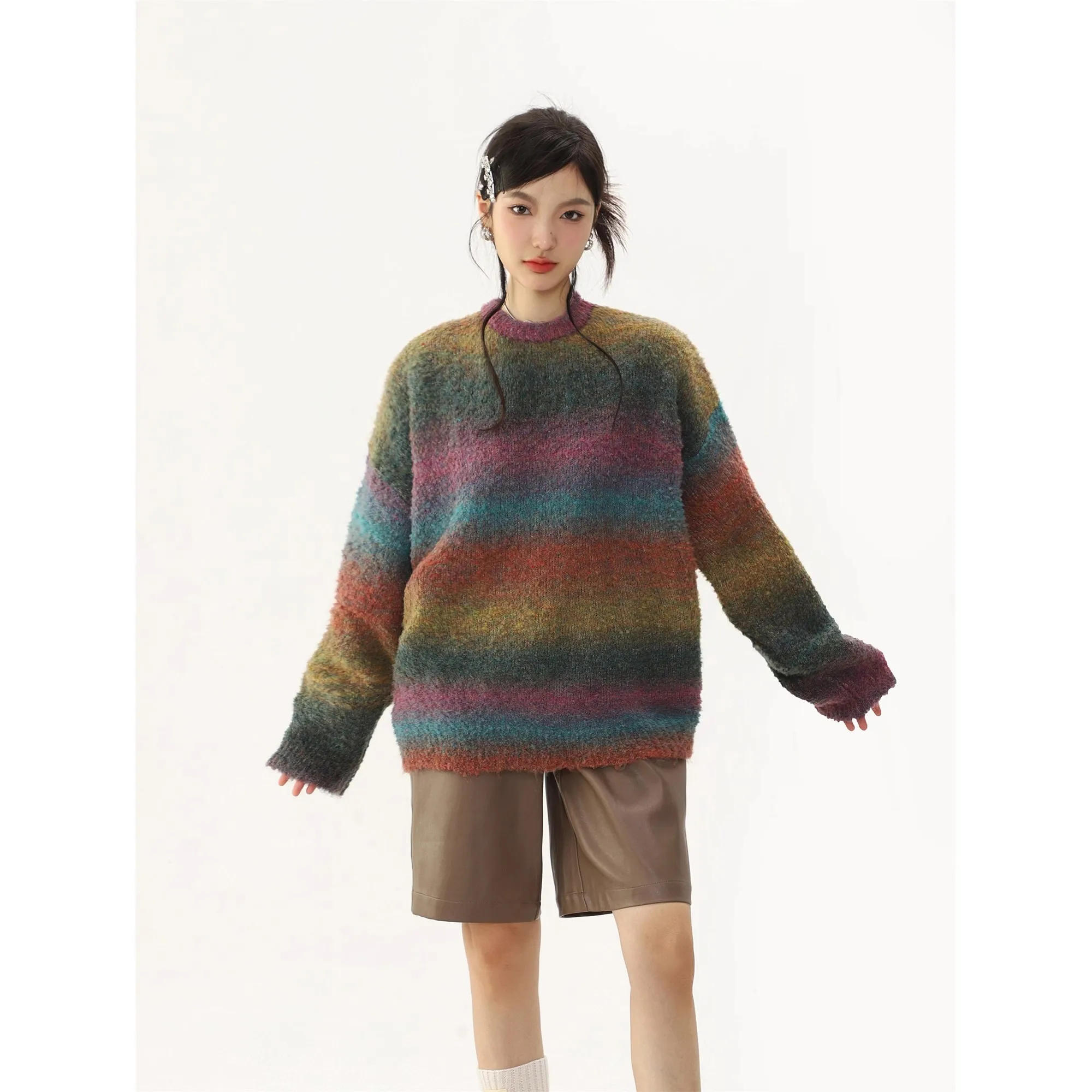 Vintage Striped Knitting Sweater For Women Round Neck Long Sleeve Casual Loose Warm Tops 2023 Winter New