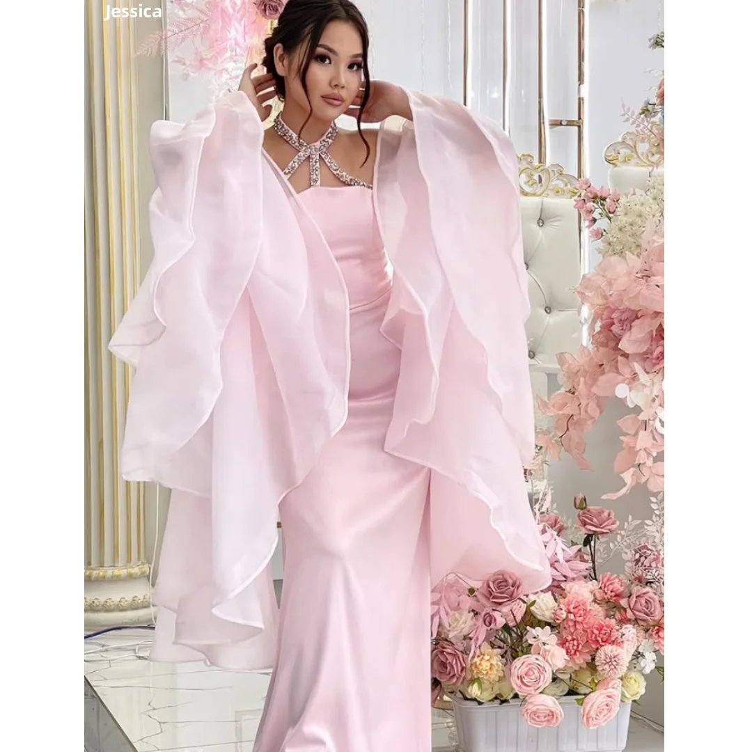 

Jessica Neck Glitter Beads Evening Dresses Pink Fluffy Organza Prom Dresses Slim Fit Special Occasions Party Dresses Customized