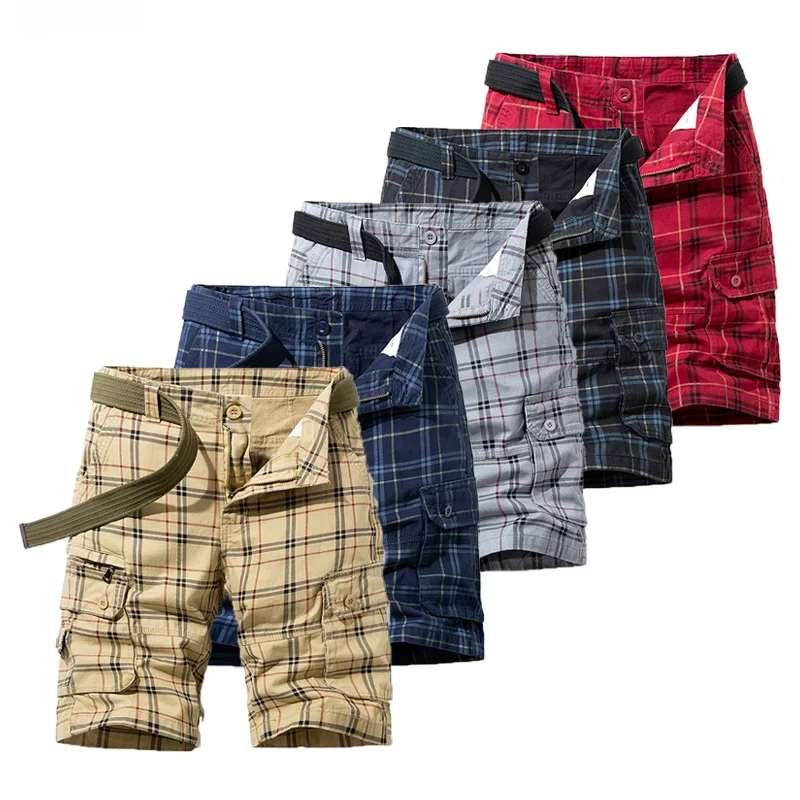 2023 Nowa letnia moda w kratę 100% bawełna Casual Breeches Cargo Men Shorts Men Oddychające, szybkoschnące, wielokieszeniowe spodenki hip-hopowe — zdjęcie 2