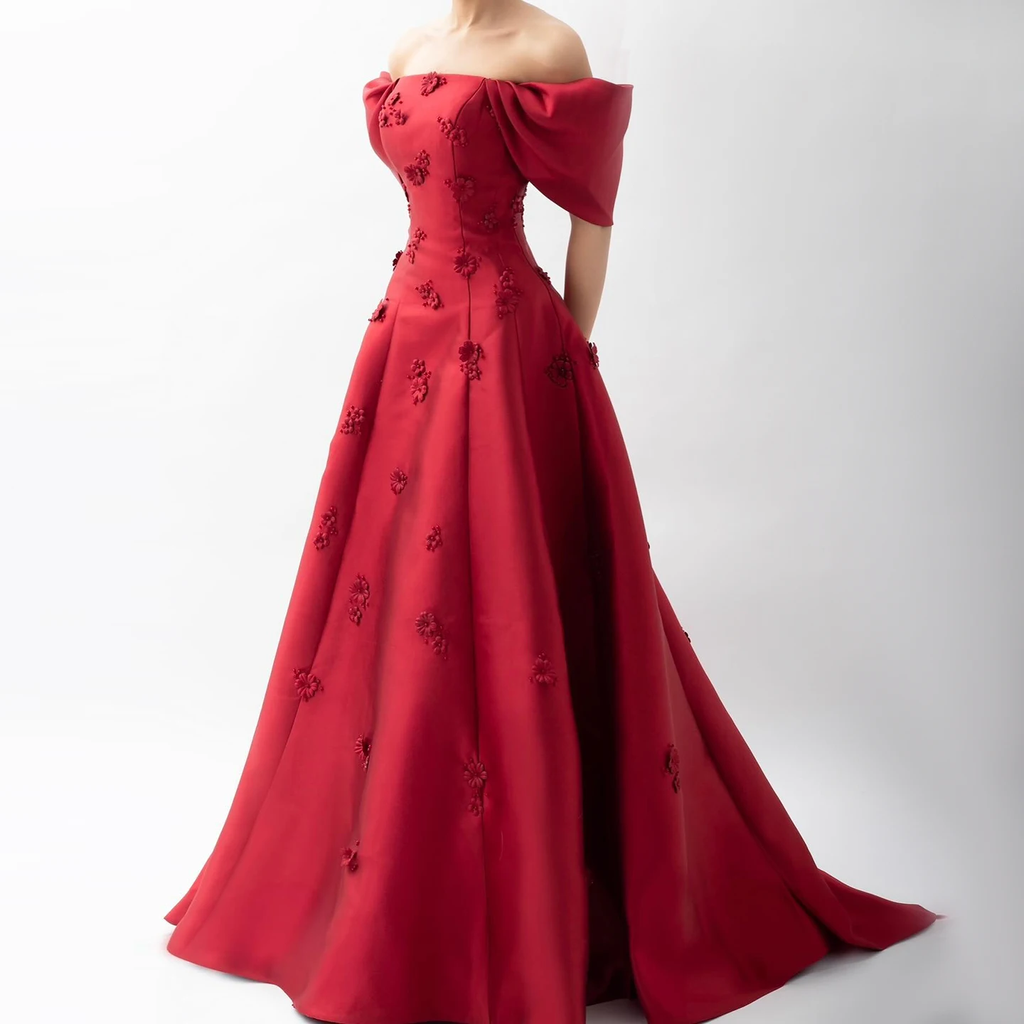 Sharon Said Elegant Off Shoulder Wine Red Arabic Evening Dress 3D Flowers for Wedding Engagement Party Gowns SF273 Customized