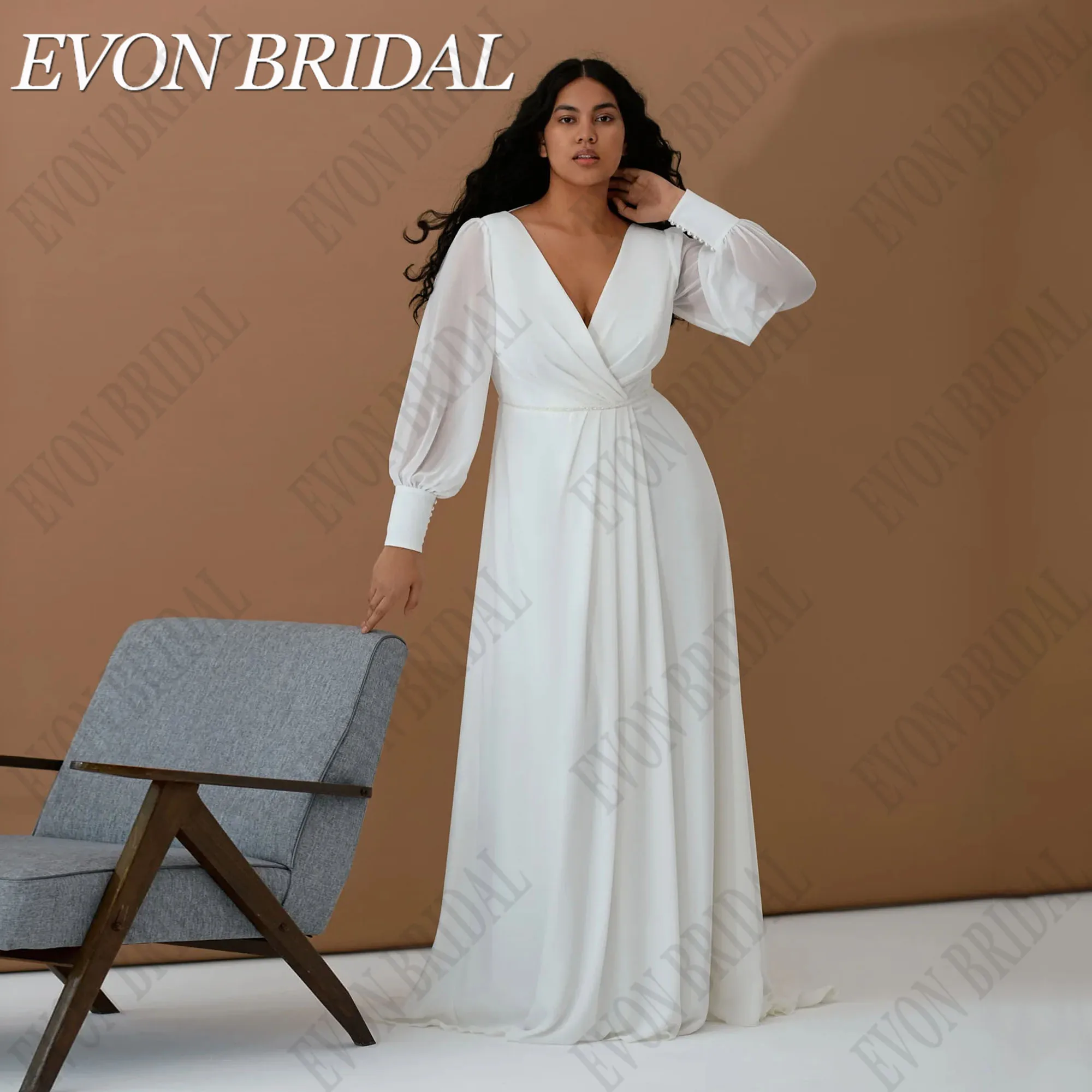 

EVON BRIDAL Puff Sleeve Wedding Dress For Big Woman Chiffon A-Line Double V-Neck Simple vestidos de novia Plus Size Bride Gowns