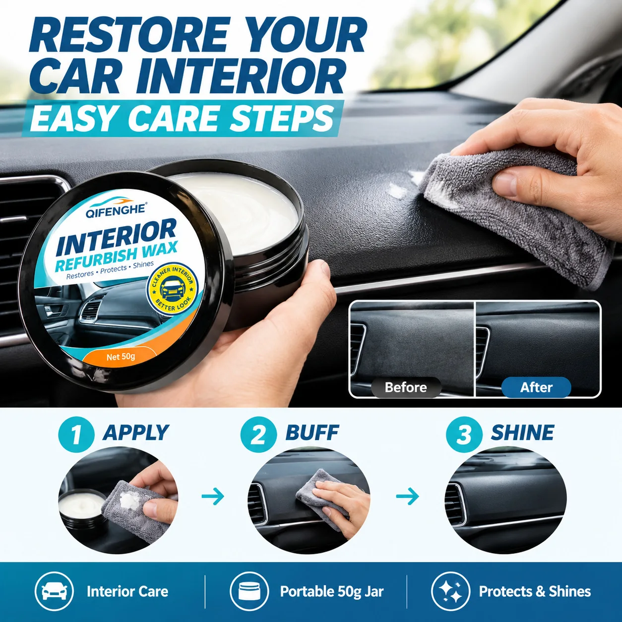QIFENGHE 50g Car Interior Refurbish Wax Auto Dashboard Plastic Restorer Wax Protect & Shine Interior Care Polish Cream