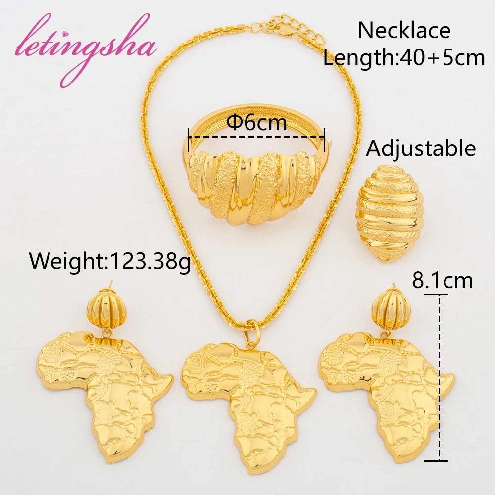 مجموعة مجوهرات مطلية بالذهب عيار 18 للنساء ، تصميم خريطة أفريقيا ، أقراط متدلية ، سوار ذهبي ، خاتم ، ملابس يومية ، هدية حفلة ، فاخرة