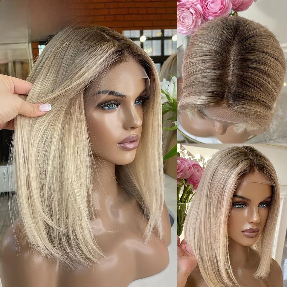 Ashy Blonde Ombre Menselijk Haar Pruiken Voor Vrouwen Korte Rechte Bob Kant Frontale Pruik Met Bruine Wortels 13x4 HD Transparant Kant Pruiken - afbeelding 2