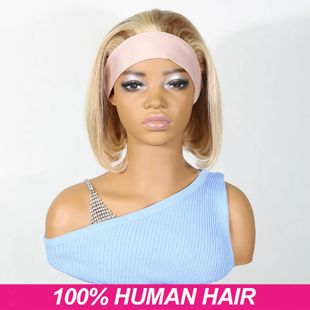 Brazilian 100% Human Hair Straight Hair Short Bob Wigs Headband Wig 12P613 Color ,150% Density, Beginner-Friendly Wig for Women