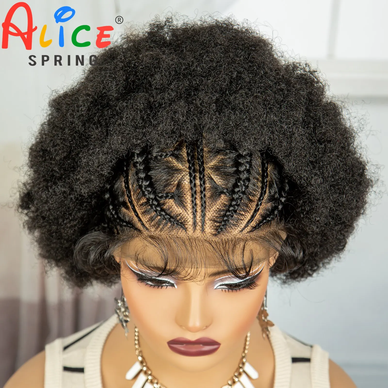 6 inch Afro Krullend Synthetisch Kant Frontale Gevlochten Pruiken Voor Zwarte Vrouwen 13x6 Transparante Korte Krullend Vlechten Pruiken met Baby Haar