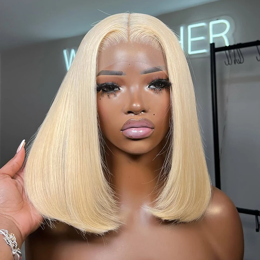 613 Blonde Short Bob Wig 13x4 Lace Front Human Hair Wigs Transparent Lace Frontal Wigs Brazilian Bone Straight 200 Density