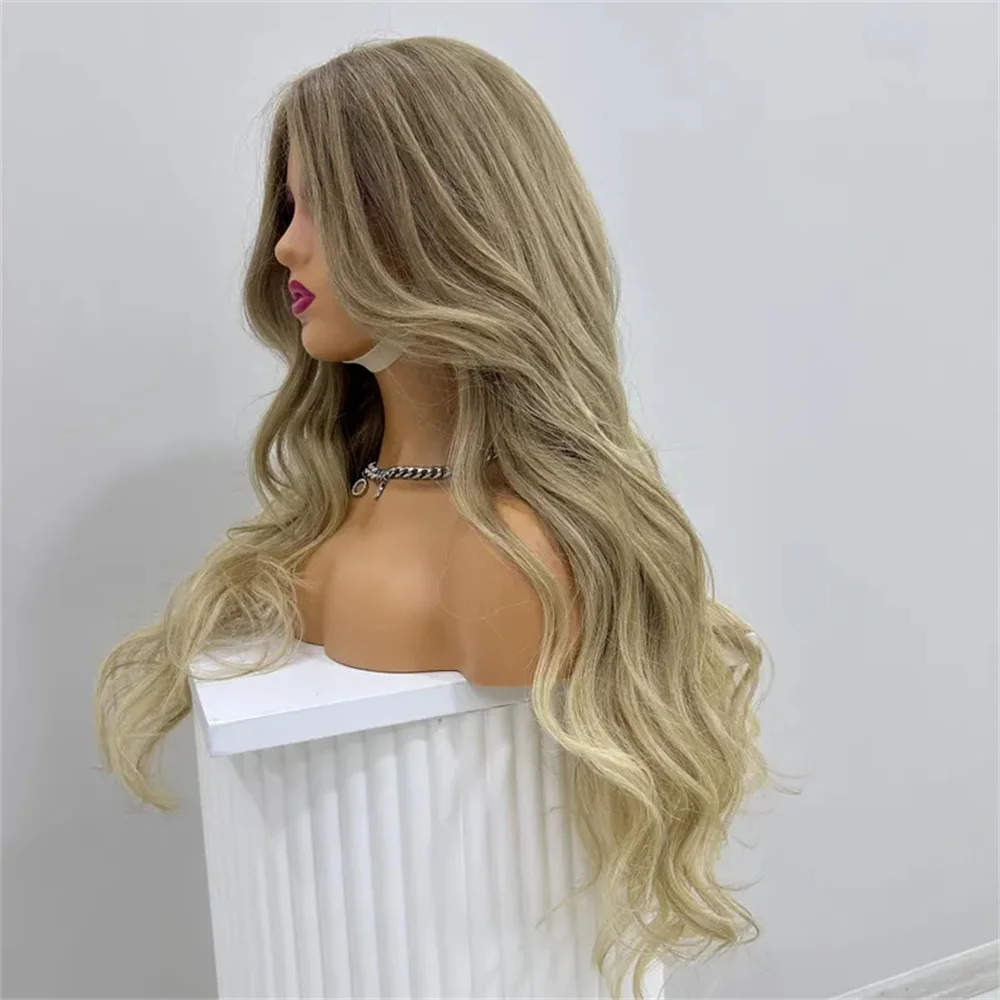 28Inch Natural Wavy Lace Front Wigs for Women Ombre Blonde Highlights Synthetic Hair Wig Heat Resistant Fibre Daily Party Use