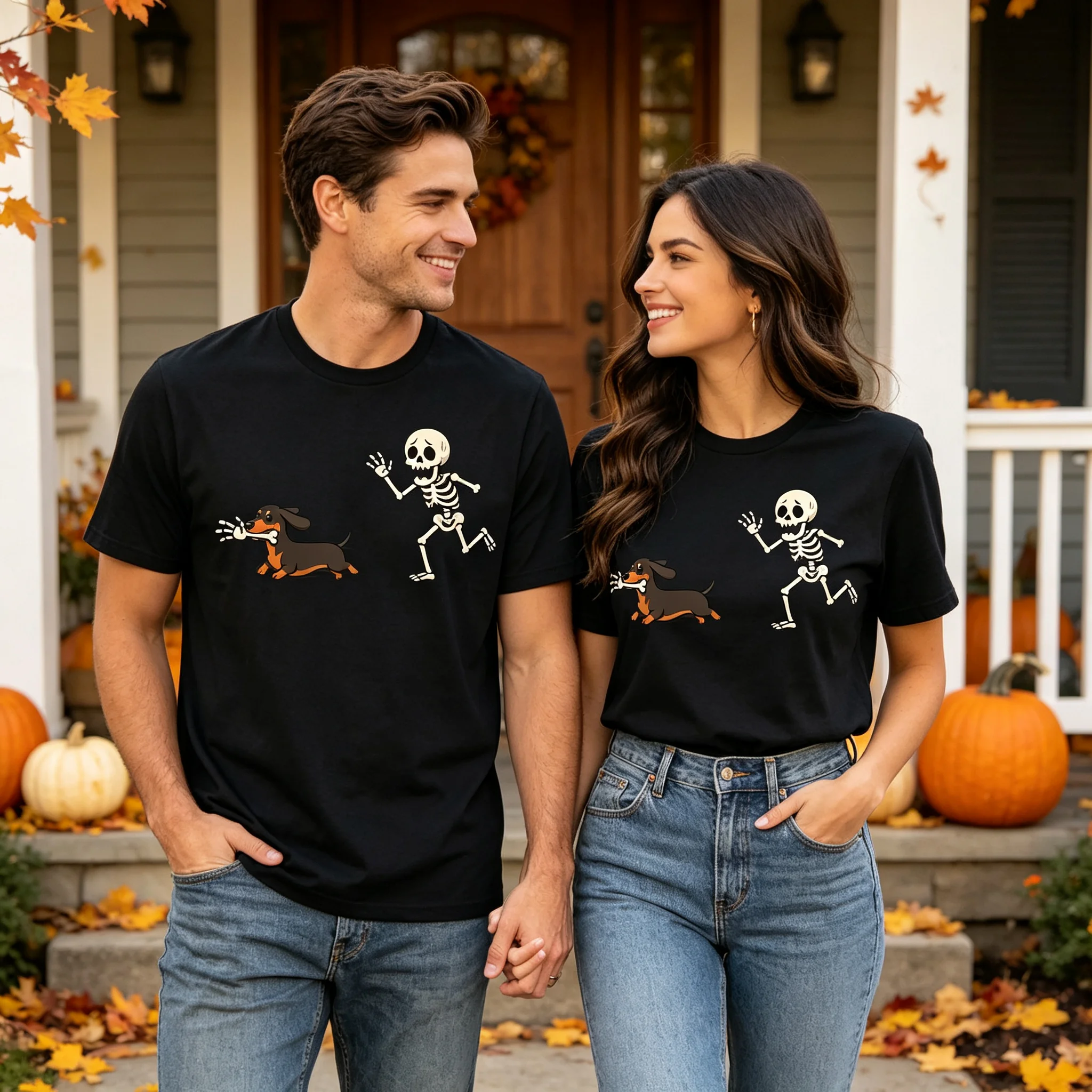 Funny Dachshund Chasing Skeleton T-Shirt, Cute Wiener Dog Halloween Graphic Tee, Spooky Dog Lover Halloween Gift Shirt