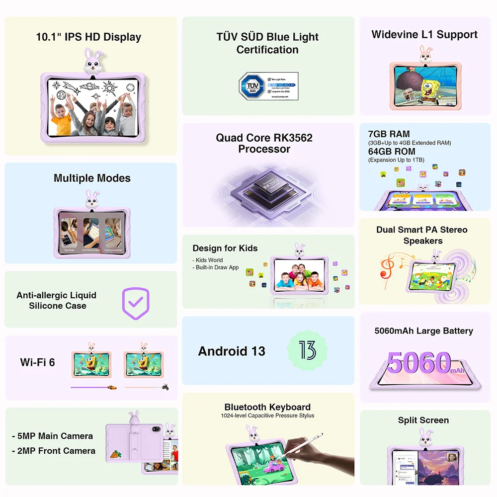 DOOGEE U9 KID Tablet 10.1" IPS Display WiFi6 7GB(3+4) 64GB Quad Core Widevine L1 Support 5060mAh Battery Android13