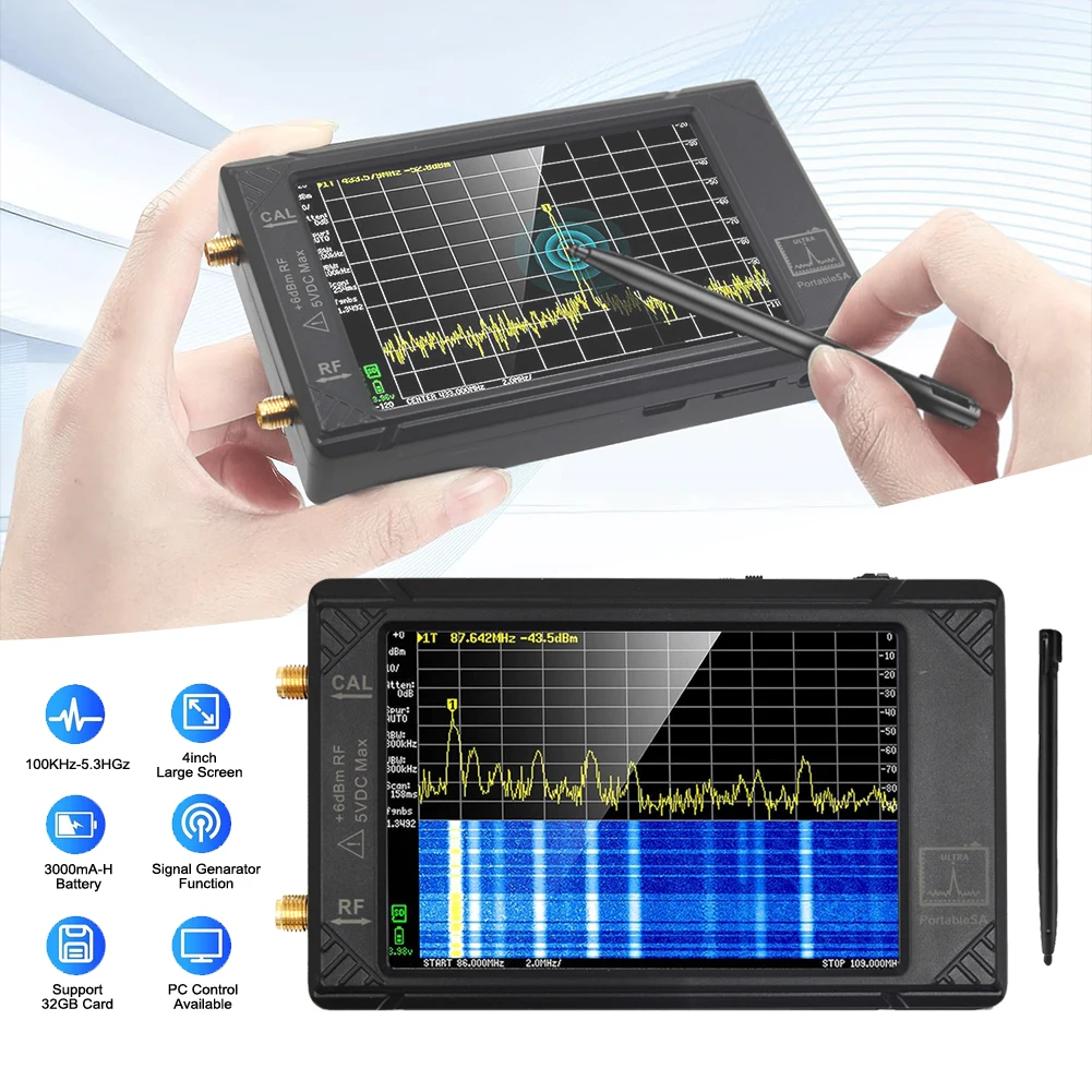 Spectrum Analyzer 4.0 Inch LCD 100kHz to 5.3GHz Handheld Tiny Frequency Analyzer with 32GB Card 2-in-1 Signal Generator