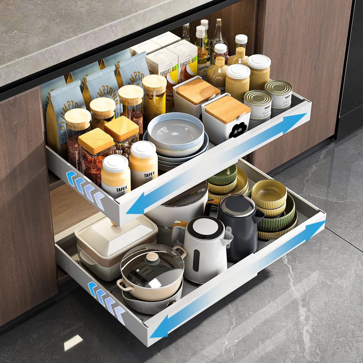 Scalable Pull-out Kitchen Storage Rack with Slide Rails Drawer Type Storage Tray Seasoning Box Storage Rack Cabinets Organizer