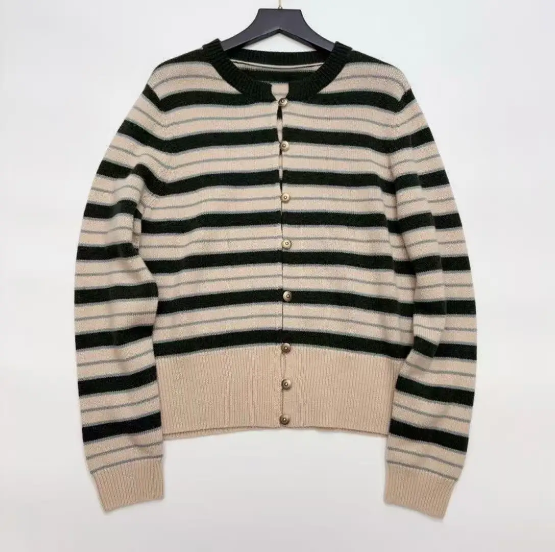

High Quality Cashmere Wool Women O-Neck Single Breasted Striped Knitted Cardigan Tops Elegant Chic Luxury Sweet Vintage Casual