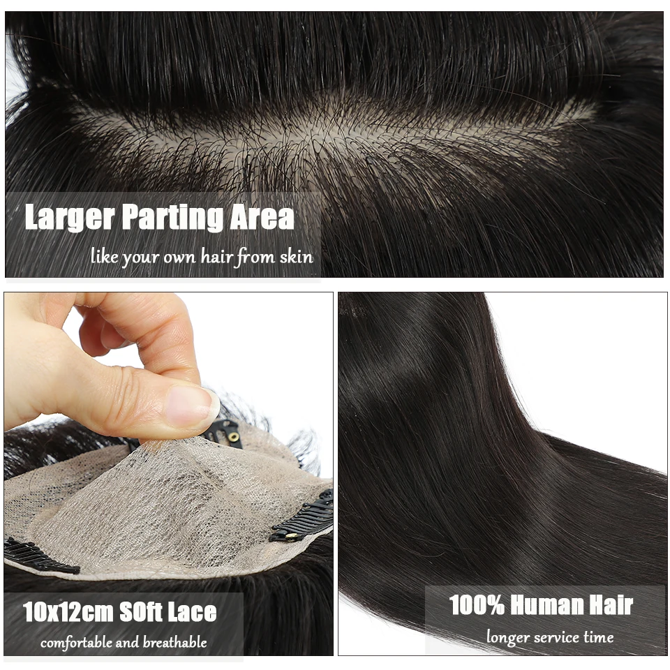 Dazzeal Human Hair Toppers For Women Remy Natural Human Hair Clips For Thinning Hair 10x12CM Lace Hair Pieces Topper With Bangs