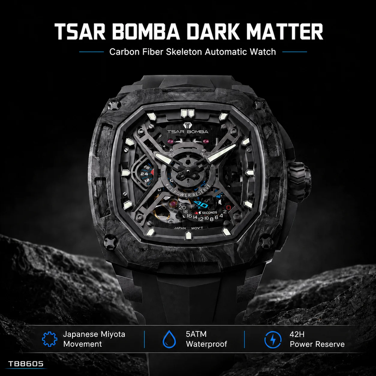 TSAR BOMBA Men's Automatic Mechanical Watch Miyota Movement 316L Stainless Steel Carbon Fiber Sapphire Crystal 5ATM Wristwatch