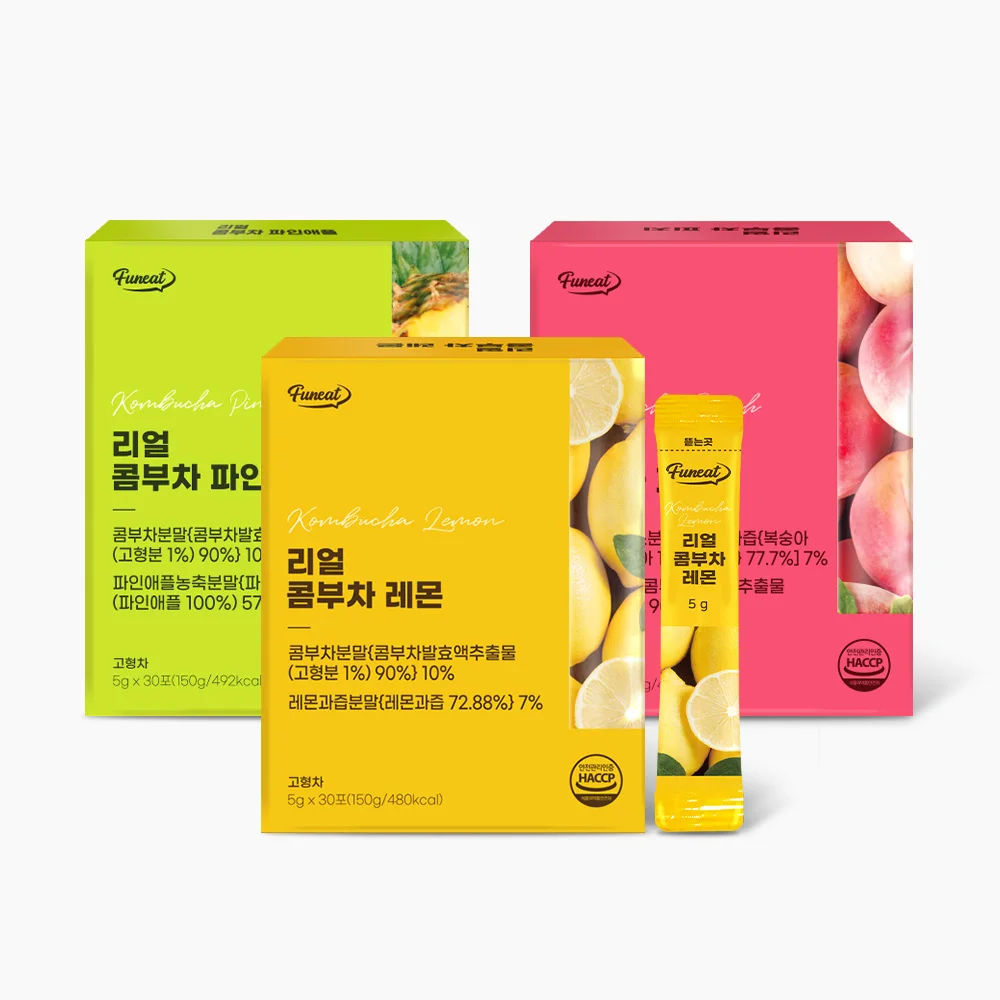 Real Kombucha 3-piece set (lemon, peach, pineapple), 3 boxes (90 packets), North and South carbonated, lactic acid bacteria