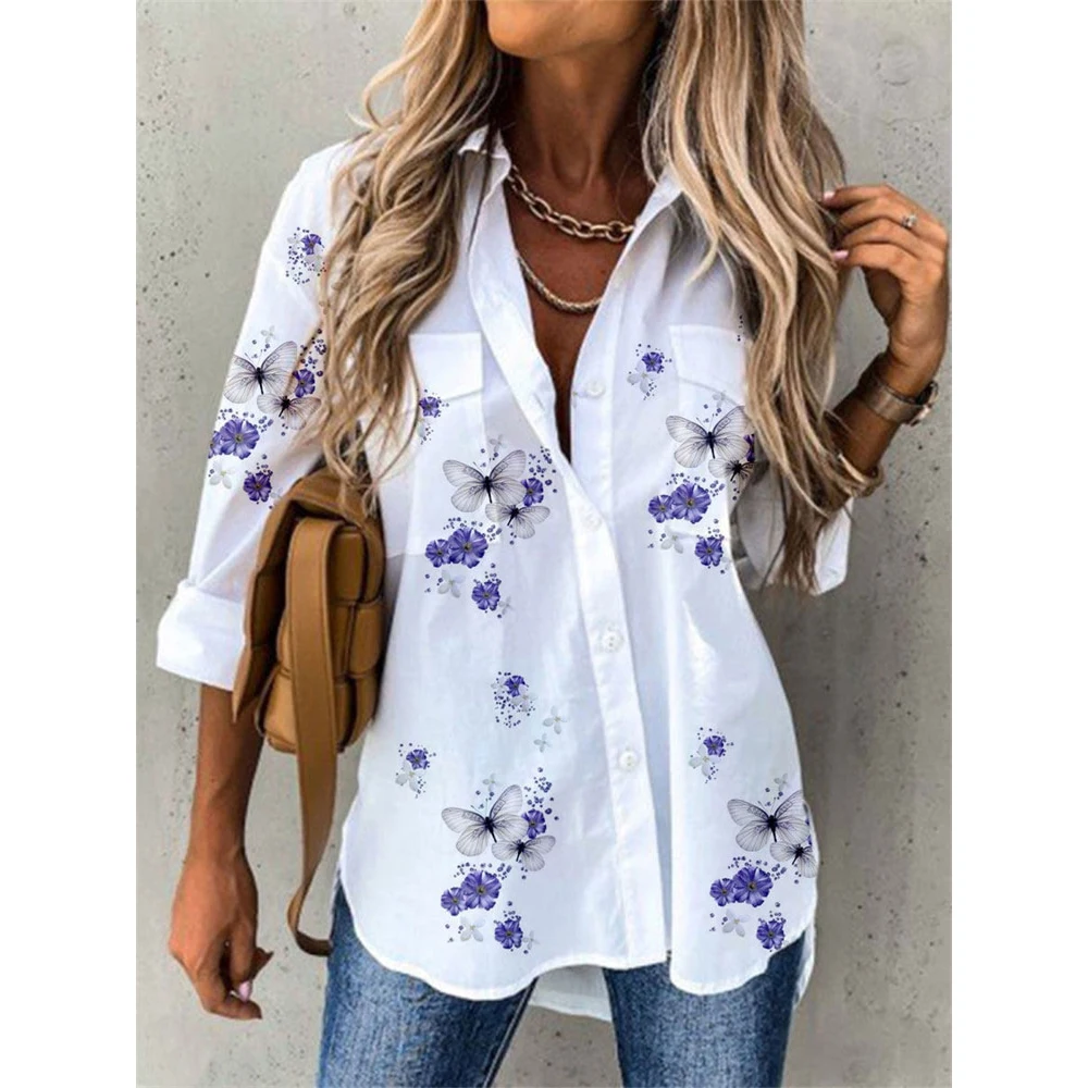 

Summer Women'S Shirt Floral Print Top Lapel Long Sleeved Clothing Women'S Shirt Casual Large Button Shirt Professional Clothing