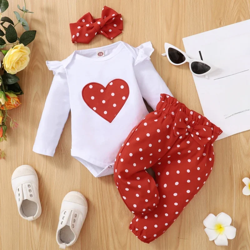 3 szt. Noworodek zestaw ubranek dla dziewczynki Love Heart z długim rękawem Romper + spodnie + opaska modne stroje dla małej dziewczynki 0-18 miesięcy — zdjęcie 2