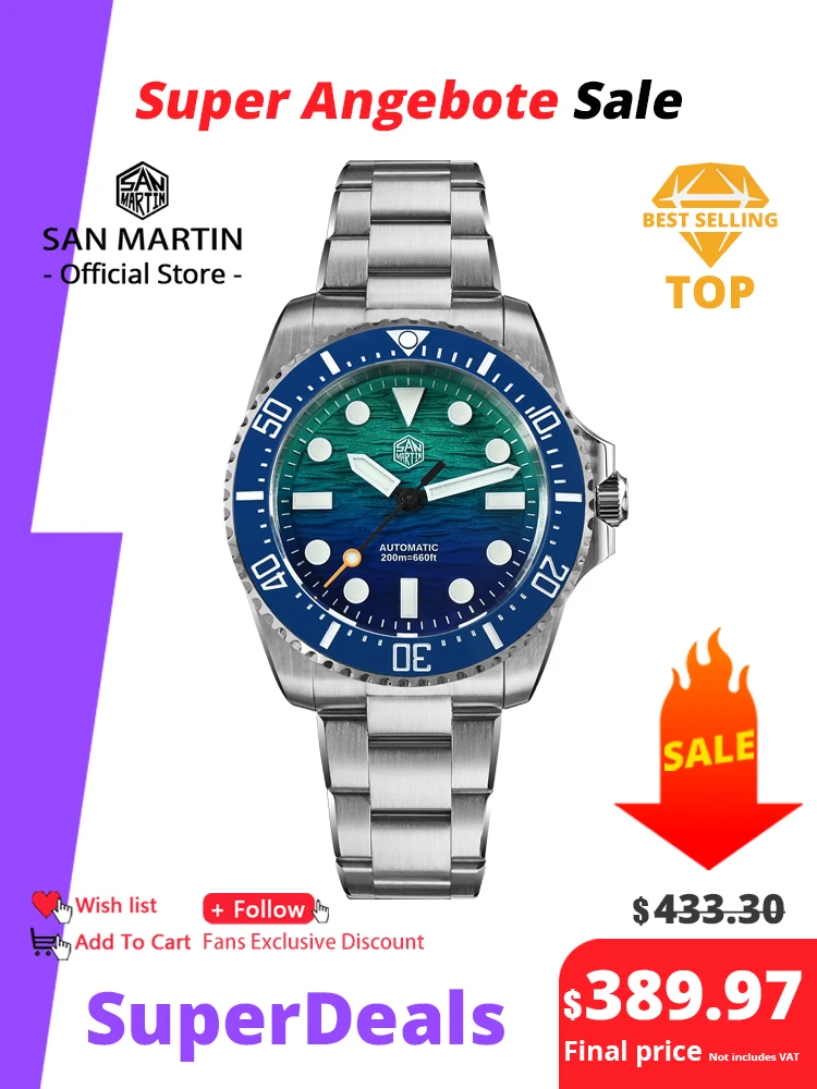 San Martin 2026 Men Diver Watch 38mm Wave Texture Dial Miyota 90S5 Automatic Mechanical Luxury Wristwatch Waterproof 200m SN0126