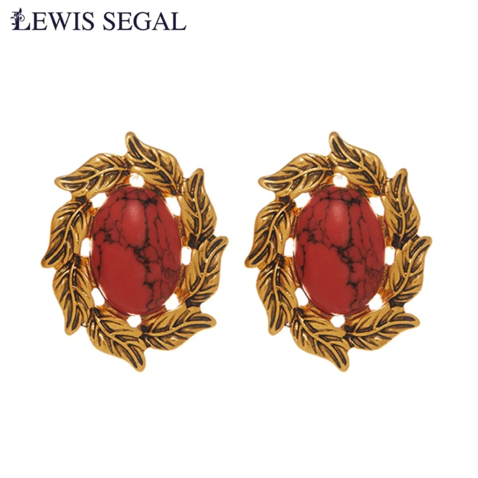 

LEWIS SEGAL Medieval Style Turquoise Stud Earrings with Gold Leaf Surrounds Jewelry Vintage Earrings for Women Oval 18K Gold