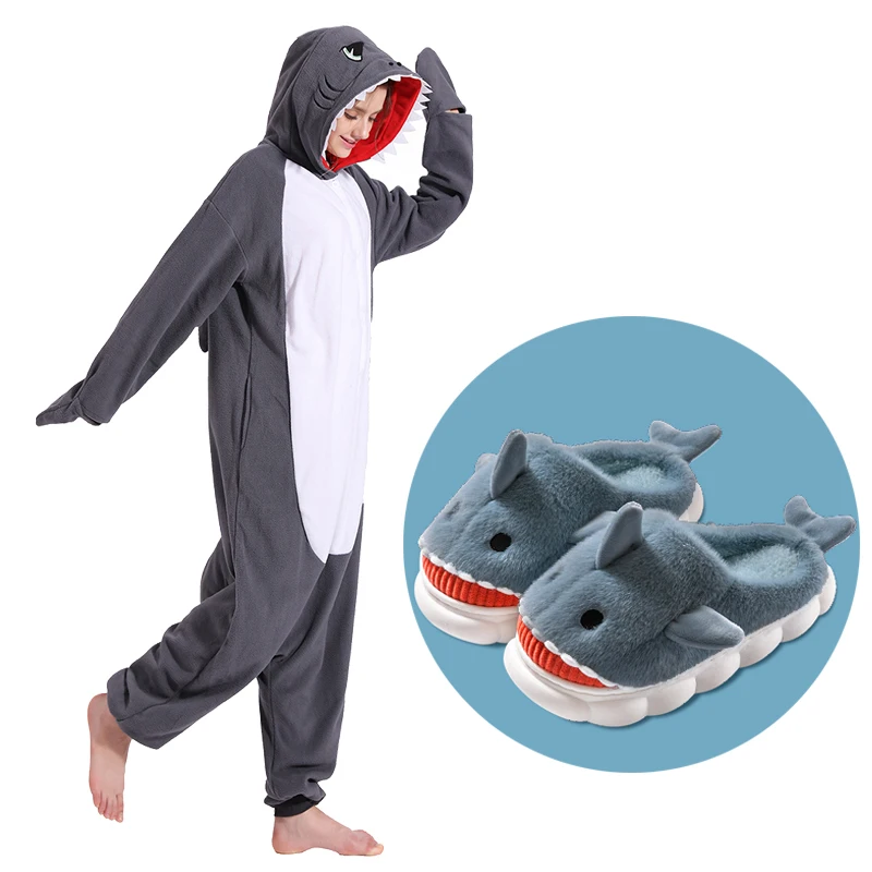 New Animal Unisex Adult Grey Shark Kigurumi Unicorn Onesie Pajamas Cartoon Halloween Family Party Costumes Jumpsuits Slipper