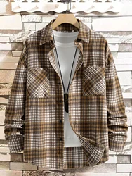 Mens Fashion Plaid Shirt Coat Jacket Long Sleeve Regular Fit Button Up Shirt Pocket Shirt