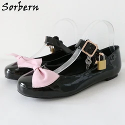 Sorbern Comfortable Lolita Cute Round Toe Shoes Pink Bow Lockable Straps Mary Jane Shoe Flat Heels Custom Color