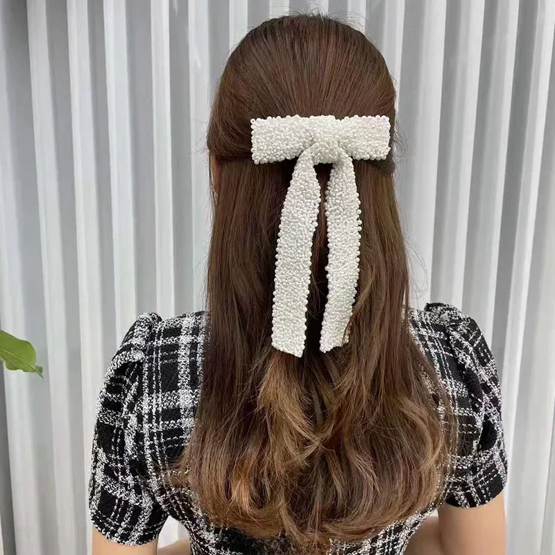Szkło zdobiony paciorkami diamentowymi pełnymi perłami Hairclip łuki wstążka Barrette kokardka dziewczęca spinki ślubne akcesoria do włosów spinki do włosów damskie — zdjęcie 2