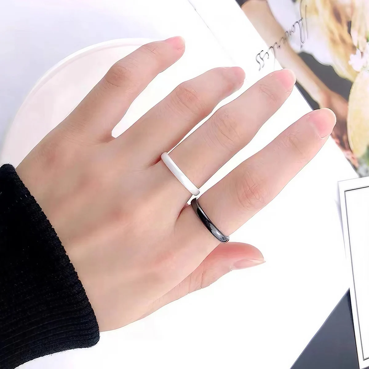 3mm Ceramic Wedding Band for Women, Thin Stackable Plain Rings, Black White Minimalist Ring, Hypoallergenic Jewelry Gift for Her view 4