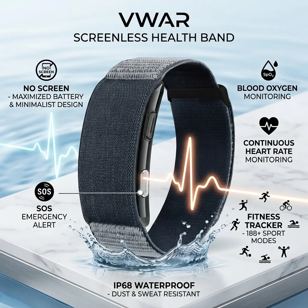 2026 VWAR Vitro Screenless Smart Band SOS Heart Rate Blood Oxygen Monitoring IP68 Waterproof Fitness Tracker Smart Bracelet New