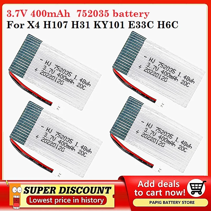 Original 3.7V 400mAh 20C Lipo Battery XH2.54 plug for X4 H107 H31 KY101 E33C E33 U816A V252 H6C RC Quadcopter Drone Spare Part