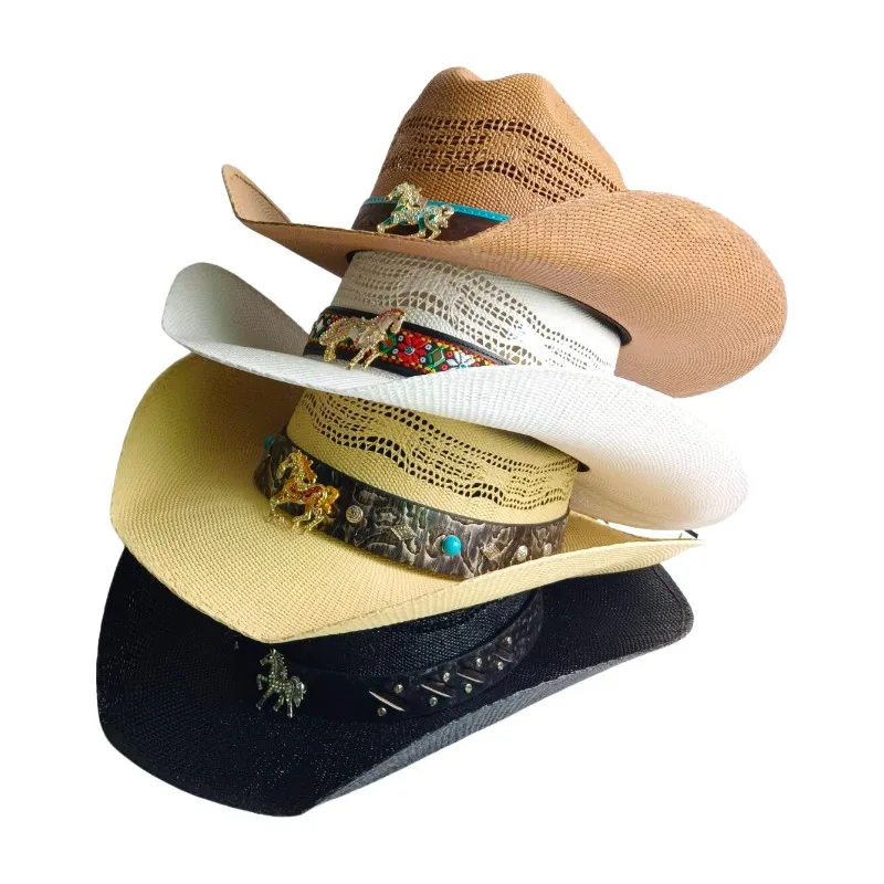 Sombrero vaquero occidental tejido negro de verano con decoración de caballo turquesa, ala ancha, transpirable, unisex, para viajes al aire libre, botas vaqueras para mujer